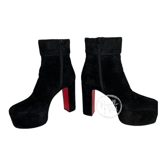Christian Louboutin black suede platform ankle boot block heel square toe retro - Picture 14 of 16